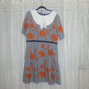 NWT eShakti Fit and Flare Orange Floral Print Dress W/ White CollarSz18